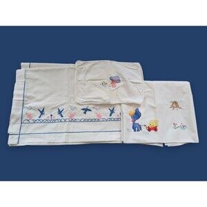 Vintage 1970s Flat Crib Sheets & Baby Pillow Case Hand Embroidery Animals